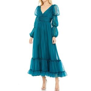 Mac Duggal Teal Long Sleeve V-Neck Chiffon Maxi Dress